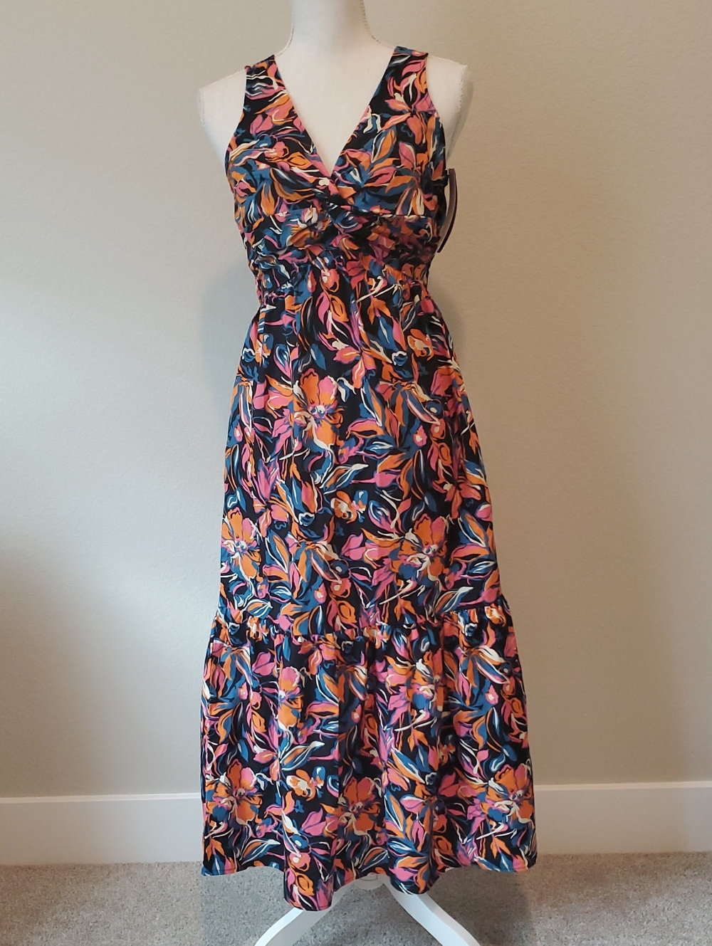 French Connection Navy Floral Maxi Dress with Pink & Orange Accents